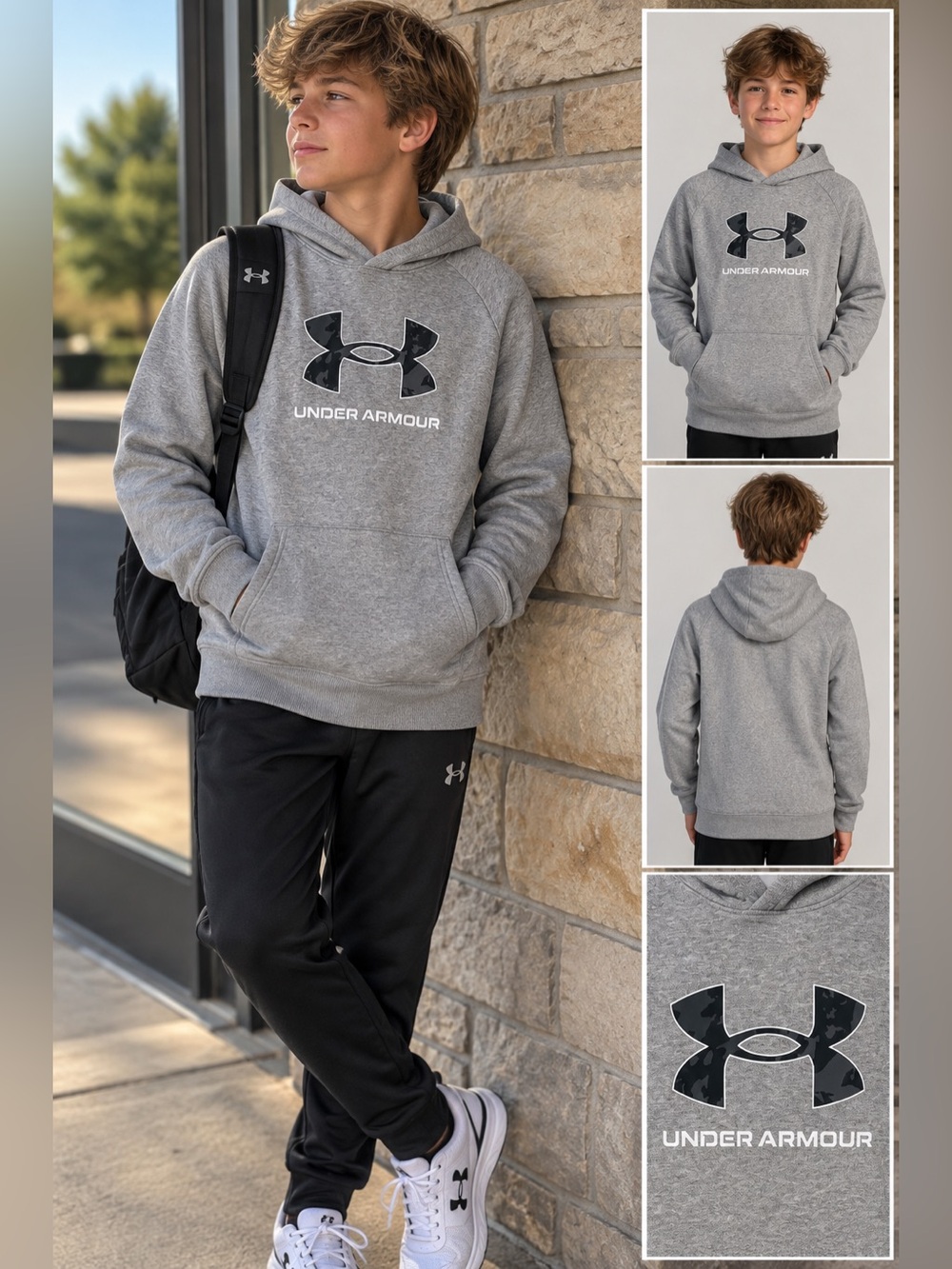 Under Armour Boys YL Gray Fleece Camo Logo Pullover Hoodie